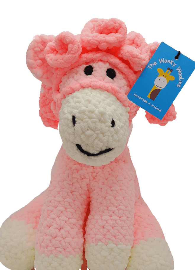 Pink pony stuffed toy, white nose with pink body and dark pink curls, baby gift