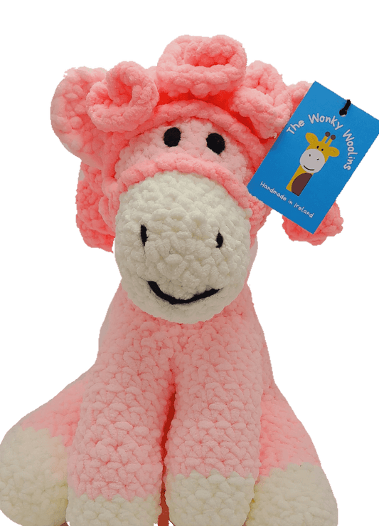 Pink pony stuffed toy, white nose with pink body and dark pink curls, baby gift