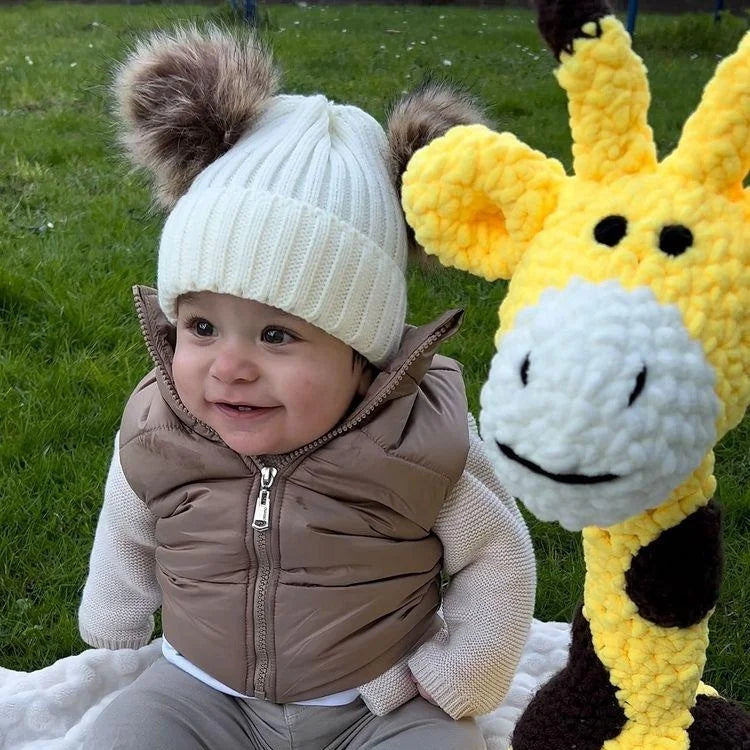 Giraffe soft toy baby gift, bright yellow giraffe with brown spots, toddler with giraffe toy
