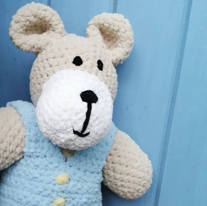 Teddy bear soft toy, handmade baby gift made in Ireland Wonky Woolins. Unique baby gift
